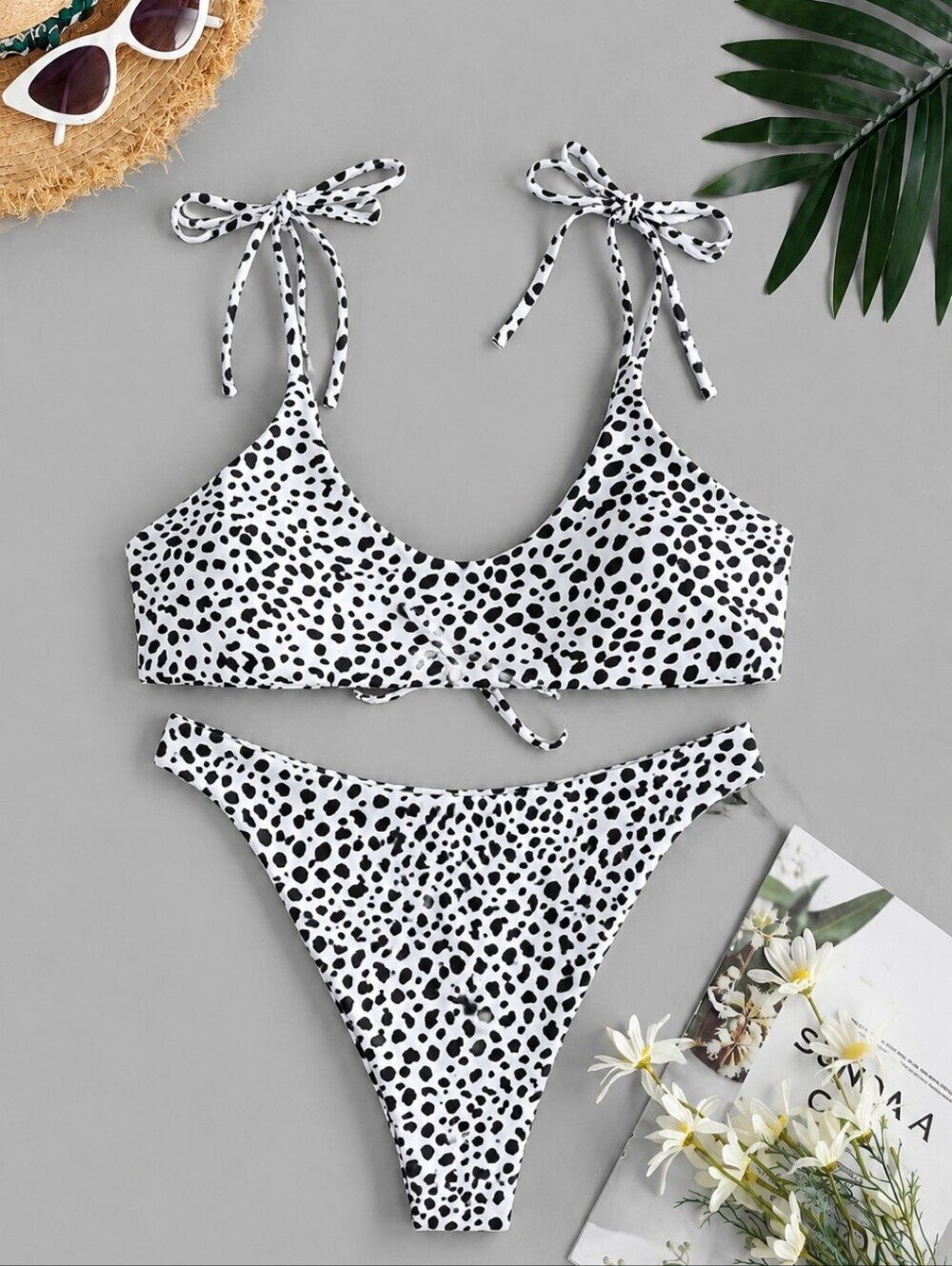 Zaful Dalmatian Print Tie Shoulder Bikini Set High Cut US 6
